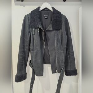 Dark Green Shearling Leather With Lamb Fur Trims Moto Jacket Women's Size Small